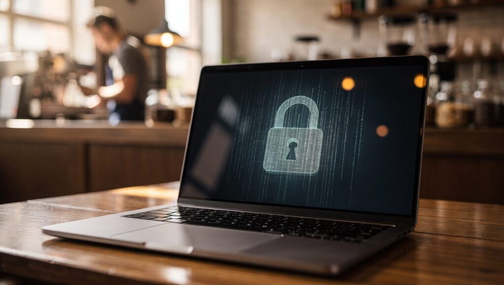 Laptop on a wooden table in a cafe shows a digital padlock graphic on screen, symbolizing cybersecurity awareness, with a blurred background.