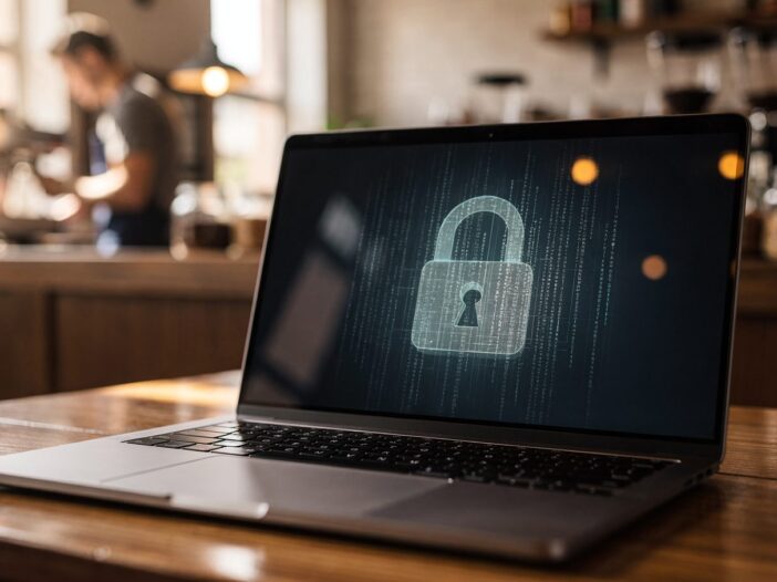 Laptop on a wooden table in a cafe shows a digital padlock graphic on screen, symbolizing cybersecurity awareness, with a blurred background.