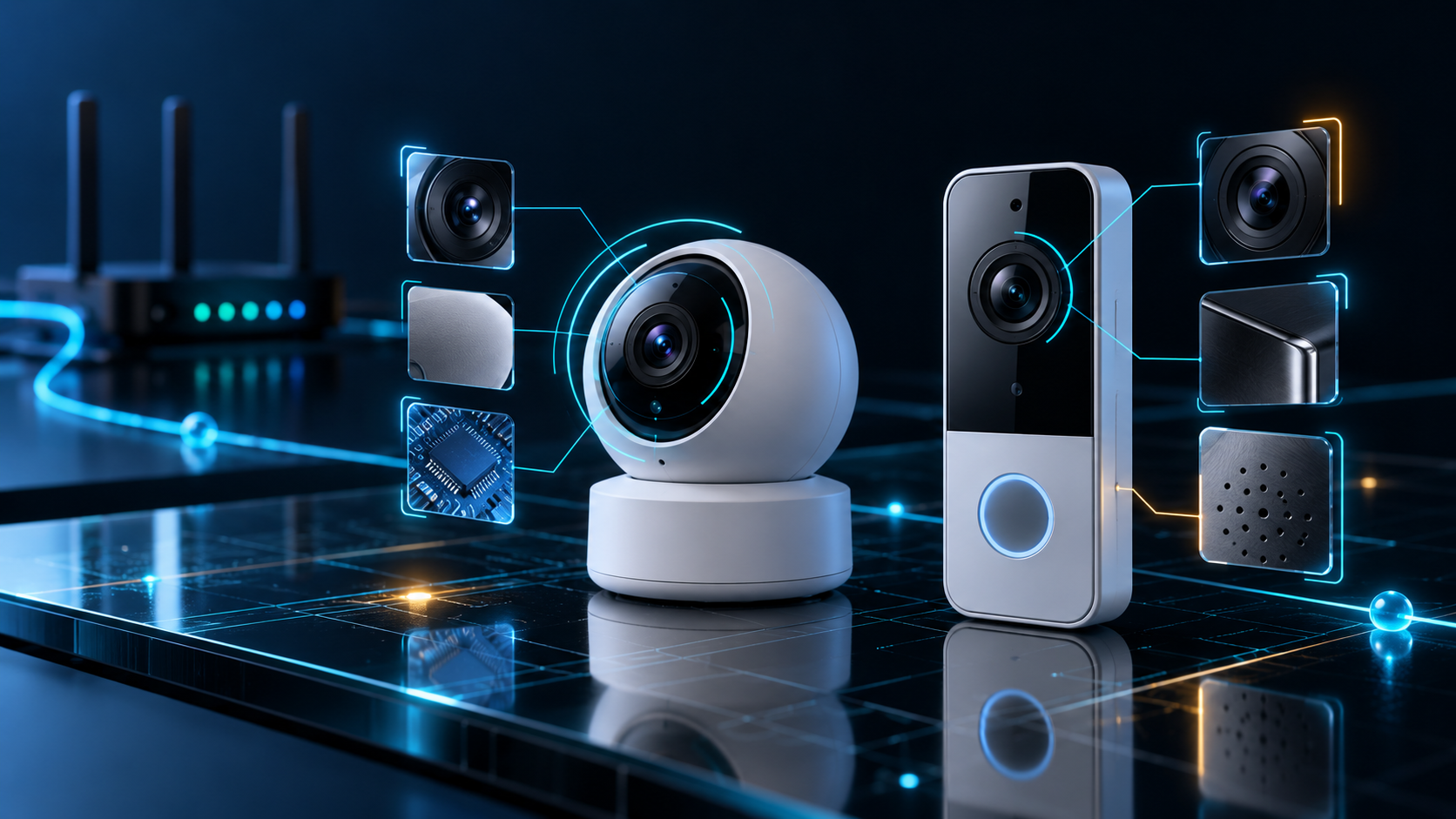 Conceptual illustration of an IP camera and video doorbell surrounded by cyan discovery signals.