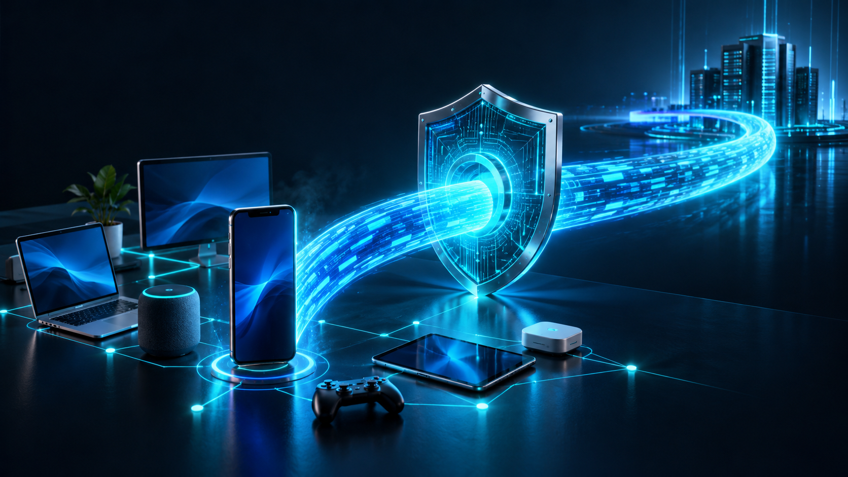 Conceptual illustration of networked devices and an encrypted connection passing through a cyan circuit shield.
